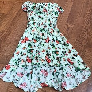 Yellow, Floral, Strapless Dress with Ruffled Top